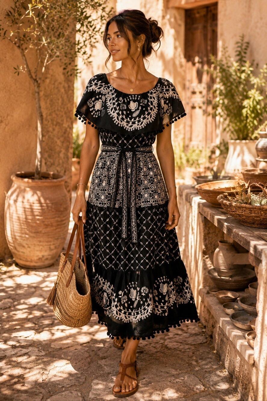 Anthropologie Embroidered Maxi Dress Womens 6 Black White Boho Pom Pom Cotton